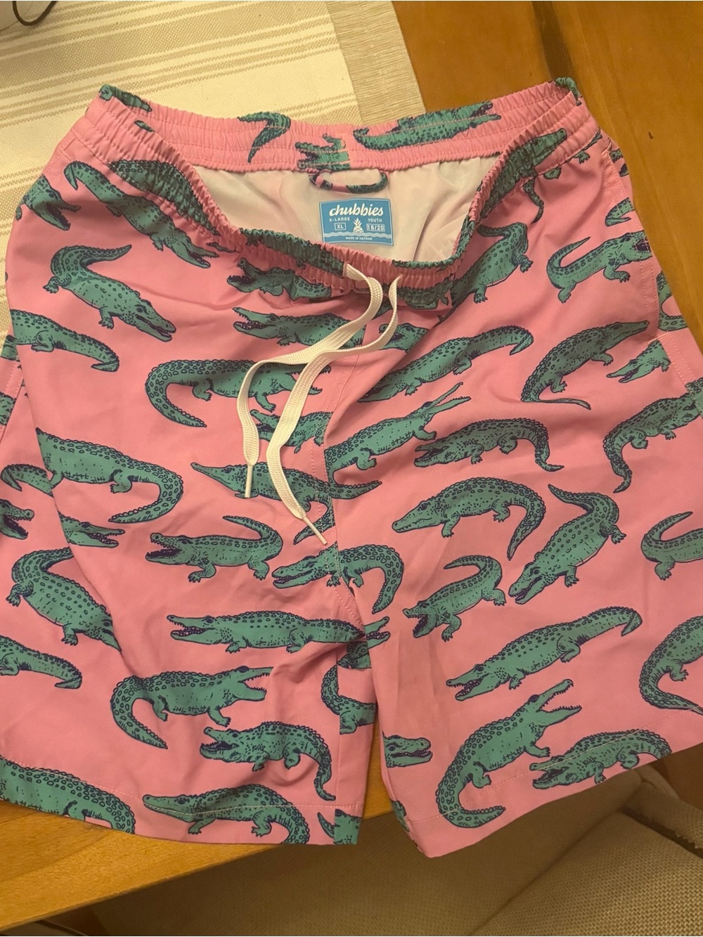 chubbies Pink Swim Shorts with Teal Alligator Pattern